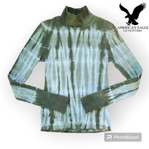 American Eagle NWOT Mock Neck Tie Dye Green Cotton Ribbed Fitted Sweater